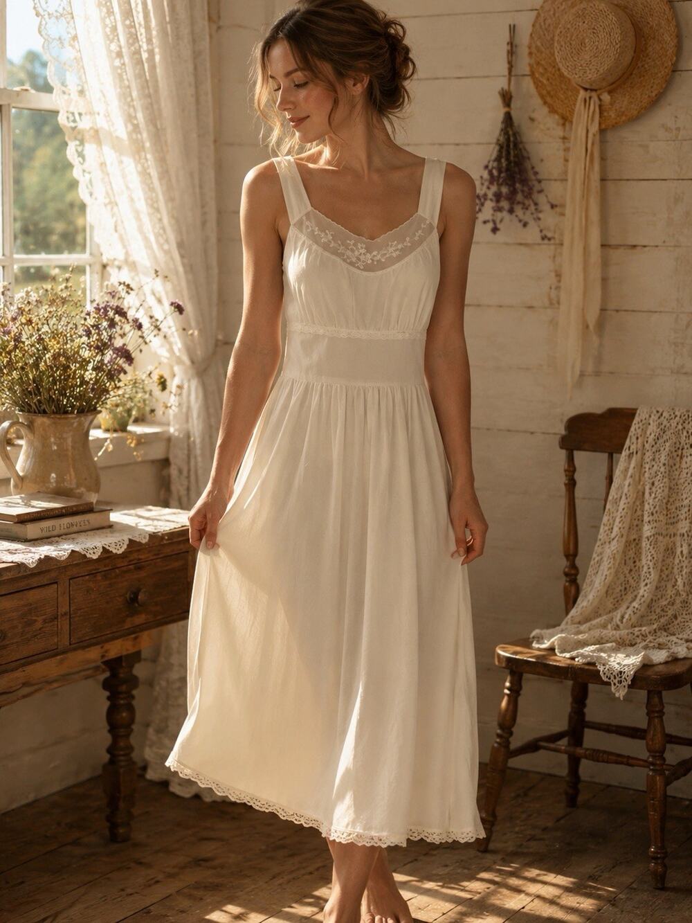 Vintage 1950s Rogers Ivory Nylon Tricot Full Slip Chiffon Embroidered Trim Sz 32